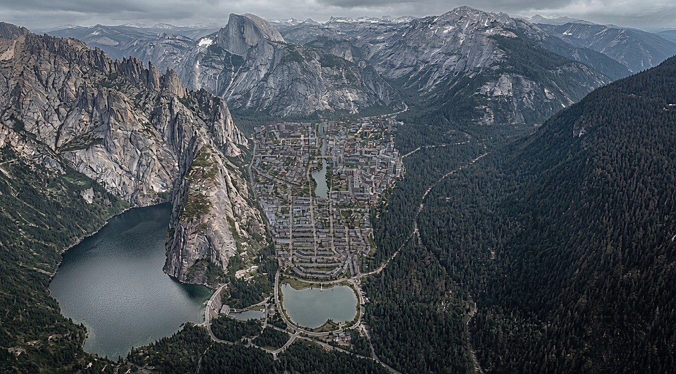 Aerial view of Lochdam Town in its valley