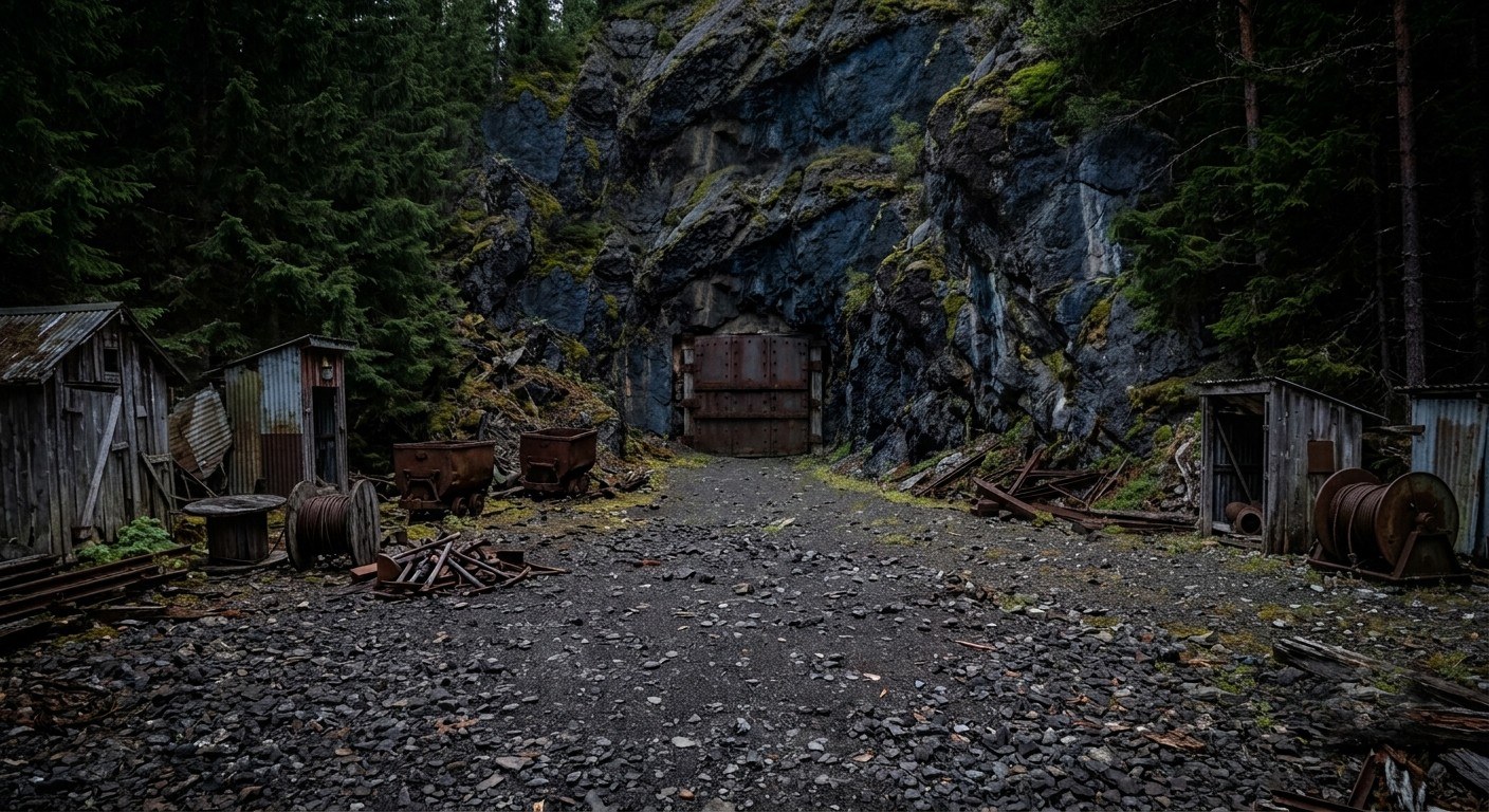 The sealed iron door of the mine set into the rock face
